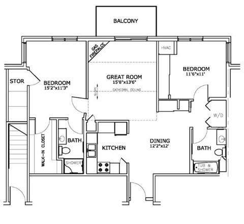 Floor plan for 2 beds, 2 baths, 1047 sqft